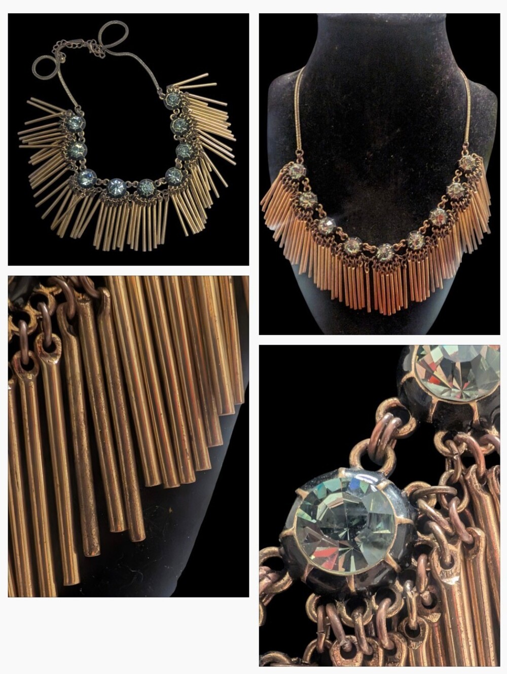 Vintage Brass Fringe Statement Bib Necklace Sage Blue Rhinestone